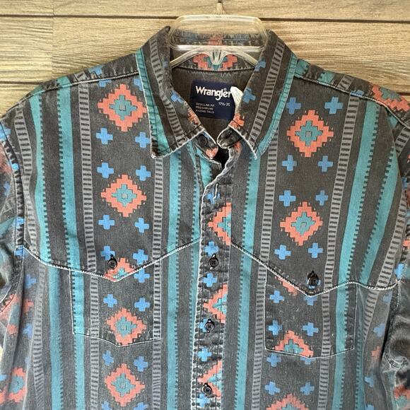 VTG Wrangler Brushpopper Shirt Mens 17.5 X 35 Black Aztec X Long Tail Cowboy XL - Picture 9 of 13